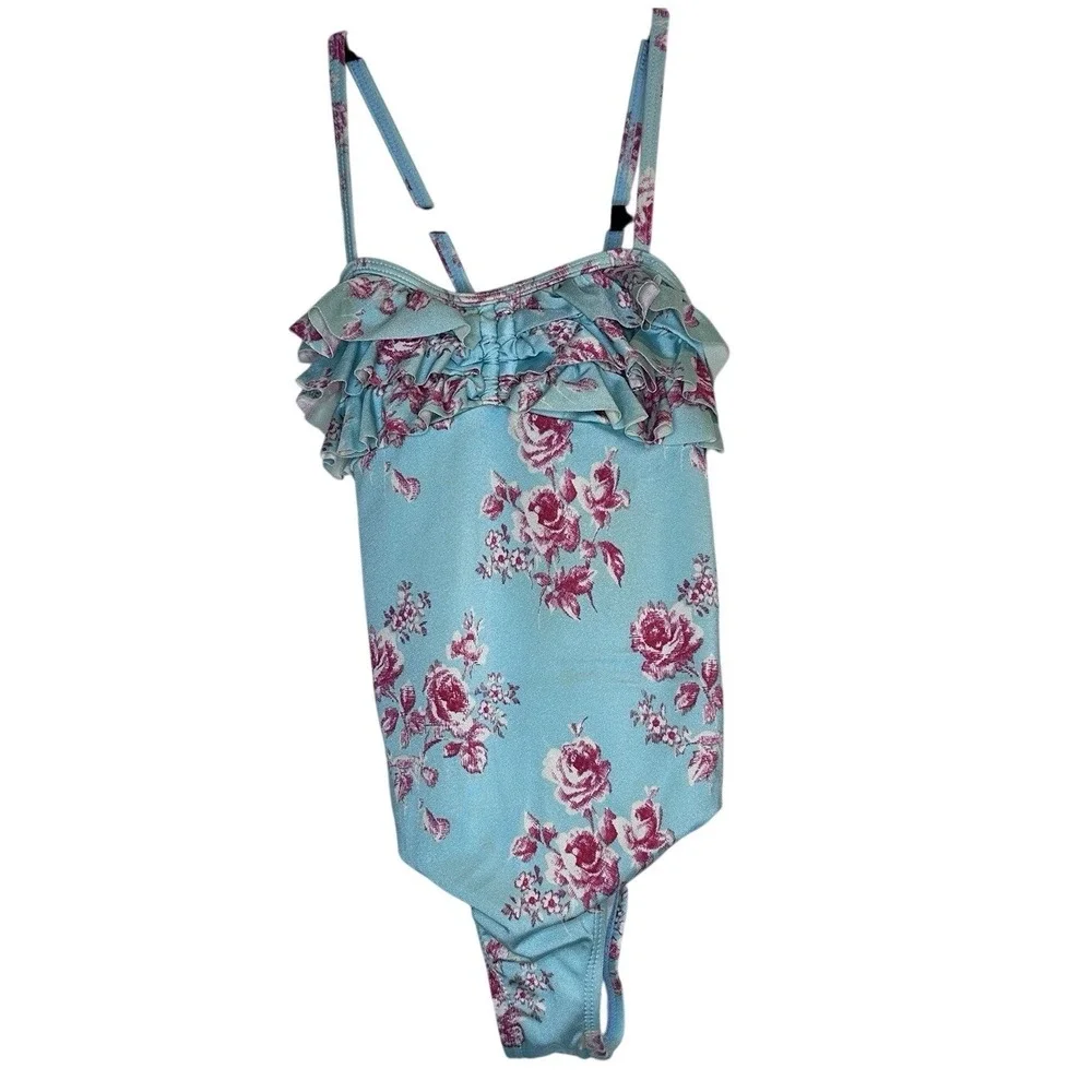 Janie and Jack‎ Pink Floral Blue Ruffle Swimsuit One Piece Girl's Size 6